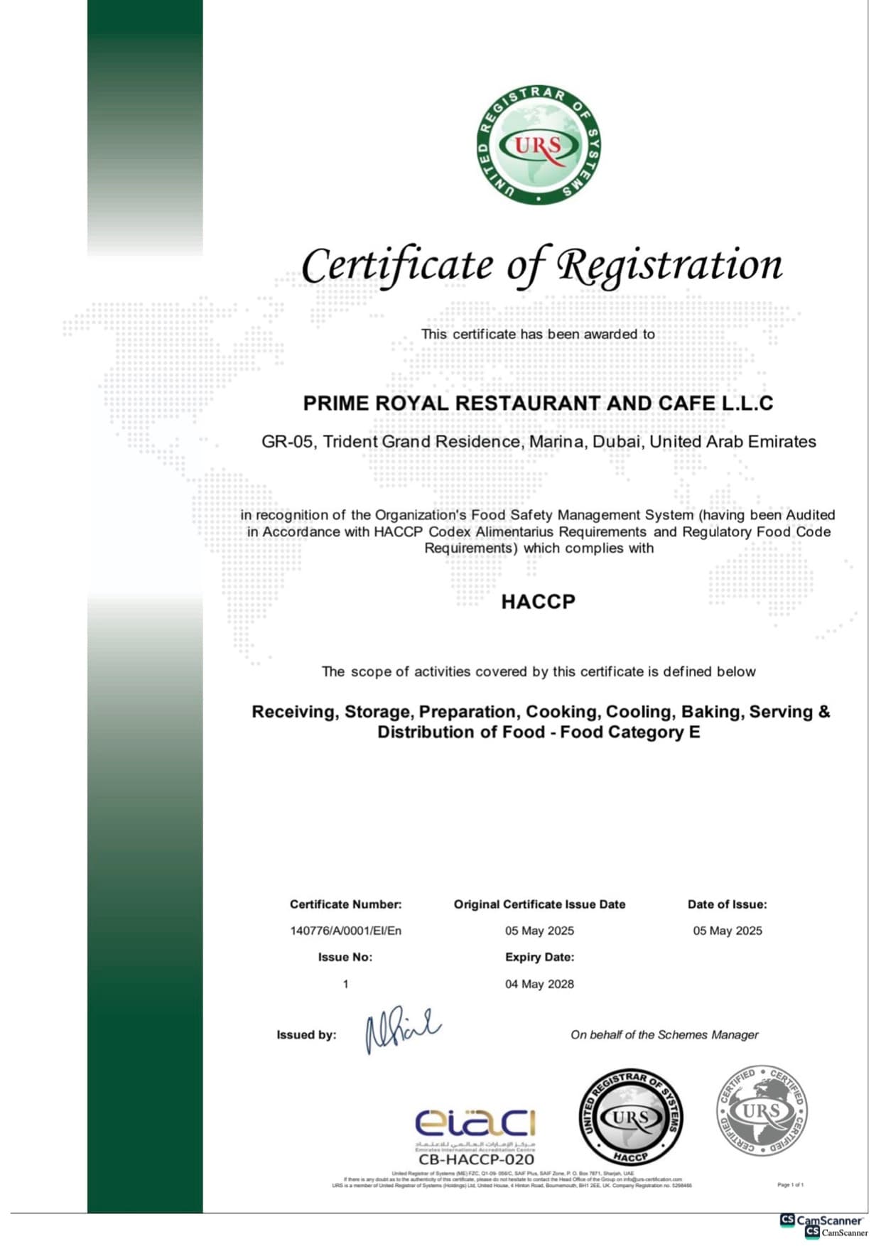 HACCP Certificate of Registration issued by the United Registrar of Systems to Prime Royal Restaurant and Cafe L.L.C., certificate number 140776/A/0001/EI/En, valid to 4 May 2028.